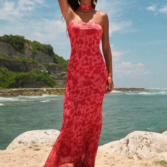 Red Casual Women's Beach Fairycore Wedding Party Elegant Knitted Mesh Print Form - Picture 6 of 8